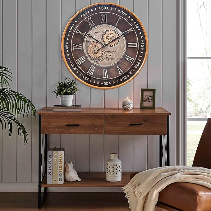 CLXEAST 24 Inch Wall Clock with Moving Gears,Oversized Large Industrial Steampunk Clock, Antique Gold Metal Roman Numeral Wall Clocks for Farmhouse Living Room Decor,Valentines Day Gifts