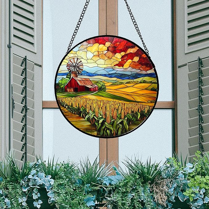 Stained Glass Window Hanging Autumn Farm Corn Harvest Landscape Large 11.8" - Suncatcher Garden Door Sun Catcher Home Decor Birthday Christmas for Woman Mom Friend Men Nana