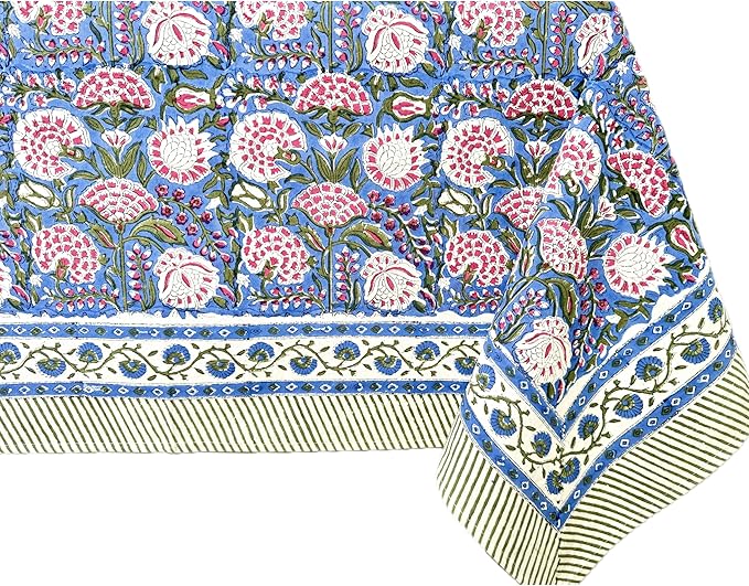 ATOSII Clover Pink 100% Cotton Rectangle Boho Fall Tablecloth, Handblock Floral Table Cloth Linen for Kitchen Dining I Parties Wedding Outdoors Christmas Thanksgiving I 72 X 120 Inches I 10 Seater