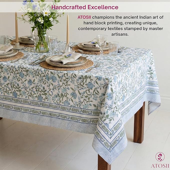 ATOSII Mahoka Blue 100% Cotton Fall Tablecloth, Handblock Floral Linen Table Cloth for Kitchen Dining Table I Parties Weddings Outdoors Easter Valentine's Gift I 60 X 108 Inches I 8 Seater