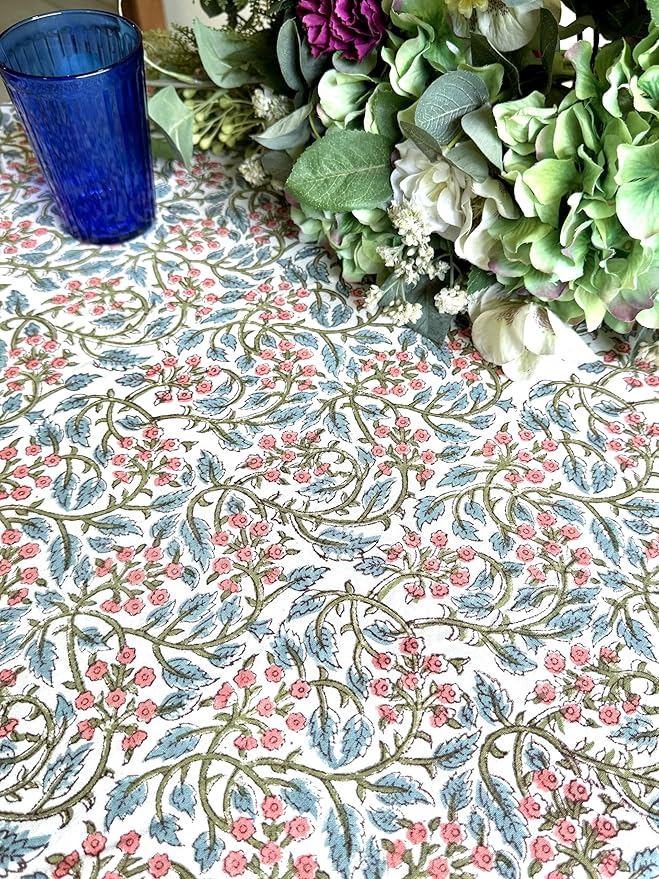 ATOSII Kalina 100% Cotton Spring Round Tablecloth, Handblock Print Floral Table Cloth for Kitchen Dining Linen I Parties, Weddings, Outdoors, Easter, Holidays I 60" Inches Round