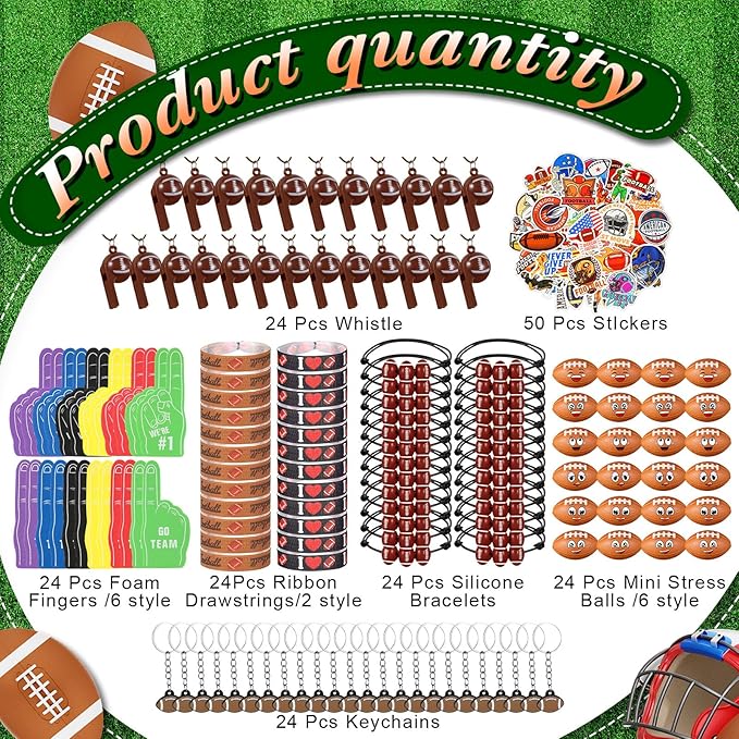 Maxdot 194 Pcs Football Party Favors 24 Set Football Goodie Foam Finger Mini Face StressBall Keychain Bracelet Wristband Whistle Sticker for Kids Birthday Party Supplies Gift