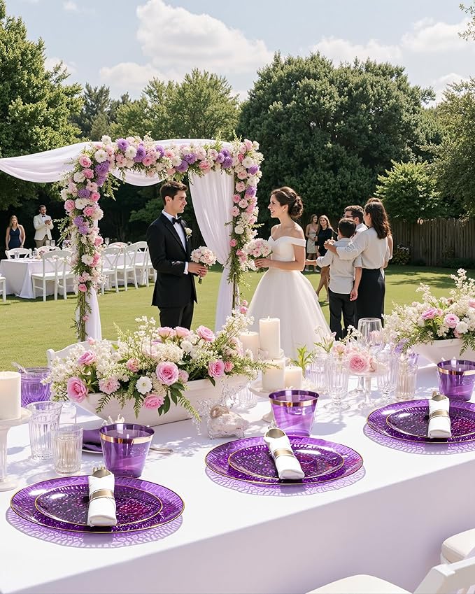 Hioasis 175pcs Purple Gold Plastic Plates - Purple Gold Dinnerware Set Includes 25 Dinner Plate, 25 Dessert Plate, 25 Cups, 25 Napkins Perfect for Wedding & Party