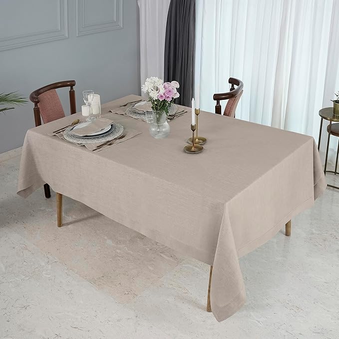 D'Moksha Homes Natural Linen Tablecloth for Rectangle Tables 60 x 84 Inch - Classic Hemstitch 100% Pure Linen Natural Table Cloth - Machine Washable Dining Tablecloth for Valentines, Spring, Easter