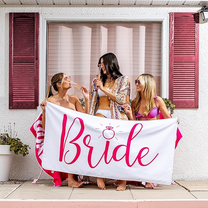 4 Pack Bride Squad Towel for Beach Bachelorette Party - Pink Design for Bridesmaids to Match Bride to Be - Team Bride Tribe Bachelorette Party Towels - 60"x30"