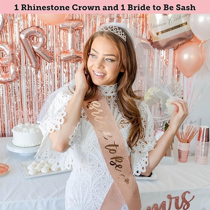 Bachelorette Party Decorations Kit, Rose Gold Bridal Shower, Bride Balloons, Banner, Sash, Tiara & Veil, Fringe Curtain, Mimosa Bar, Plates Cups Napkins for 25 Guests