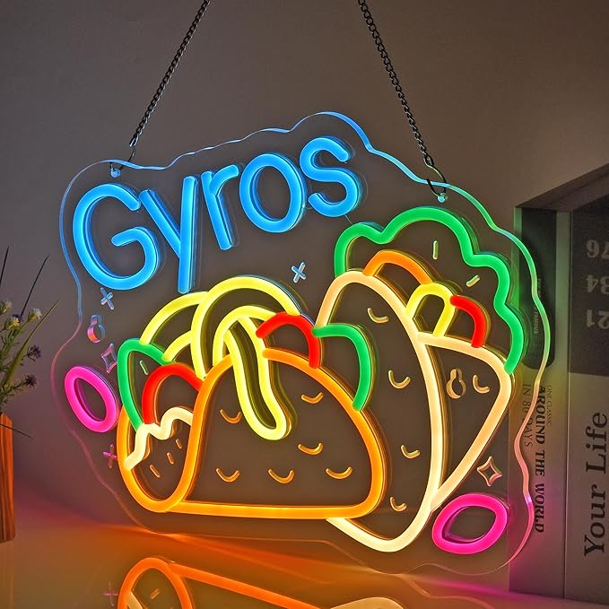 Gyros Neon Sign, Neon Lights Hanging Wall Art Decoration for Greek Restaurant Gyro Shop Deli Food Market Kitchen Home Decor, USB Powered, Ultra Bright & Dimmable, 15.35×11.8 Inches