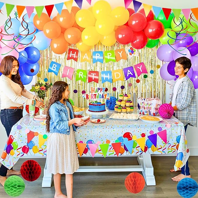275 PC Colorful Birthday Party Decorations for Boy, Girl- Rainbow Party Supplies, Happy Birthday Banner, Balloons Garland Arch Kit Tablecloth Honeycomb Cake Topper Plates Cups Napkins Straws, 25 Guest