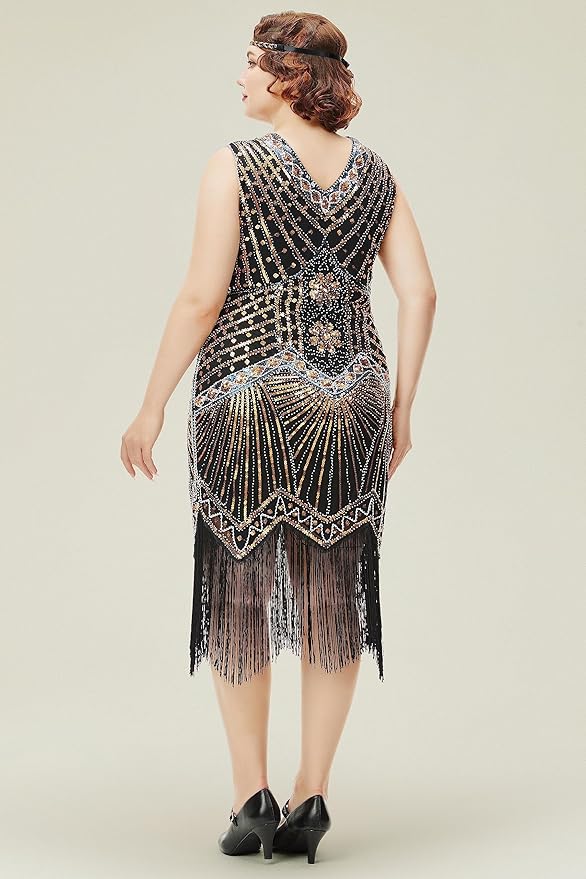 BABEYOND Women's Plus Size Flapper Dresses 1920s V Neck Beaded Fringed Great Gatsby Dress