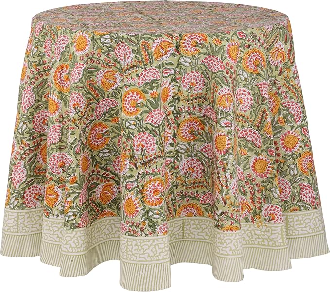 ATOSII Clover Green 100% Cotton Round Tablecloth, Hand Block Print Floral Table Cloth for Kitchen Dining Linen I Parties, Weddings, Holidays, Christmas, Thanksgiving I Fall Home Decor 60" Inches Round