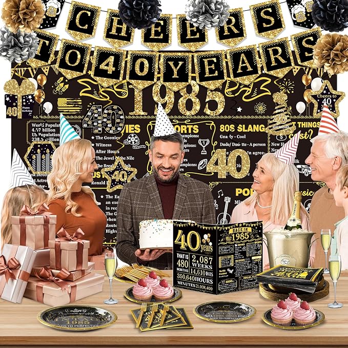 40th Birthday Decorations for Men Women, 106 PCS Back in 1985 Decorations, Vintage 40th Birthday Party Tableware Set for men,Backdrops,Card, Banner, Paper Poms,Hanging Swirl, Tableware for 24 Guests