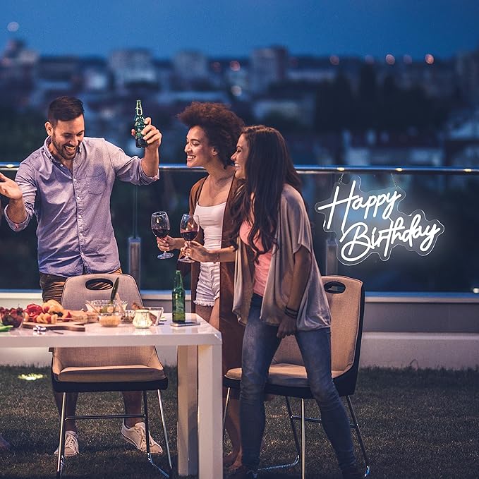 Happy Birthday Neon Sign Art Wall Lights for Beer Bar Club Bedroom Hotel Pub Cafe Wedding Birthday Party Gifts (White)