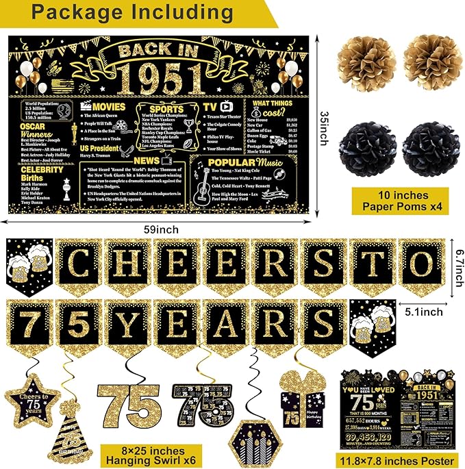 75th Birthday Decorations for Men Women, 103 PCS Back in 1951 Decorations, Vintage 75th Birthday Party Tableware Set for men,Backdrops,Card, Banner, Paper Poms,Hanging Swirl, Tableware for 24 Guests