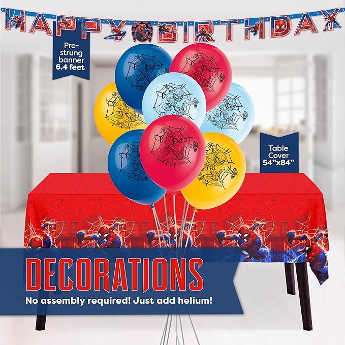 Spiderman Birthday Decorations | Spiderman Party Decorations | Serves 16 Guests | Balloons, Banner, Table Cover, Plates, Cups, Napkins, Masks, Button | Officially Licensed