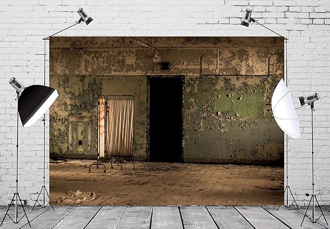 BELECO 10x6.5ft Fabric Creepy Old Hospital Backdrop Abandoned Hospital Insane Asylum Haunted Halloween Backdrop Shabby Interior Horror Themed Party Decorations Kids Adult Portrait Shooting Photo Props