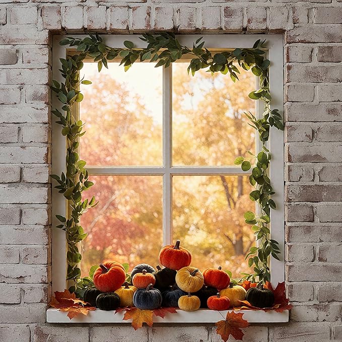 2 Pcs Artificial Maple Leaf Rattan Garland 24 Harvest Velvet Foam Fabric Pumpkins Decorative for Home Farmhouse Fireplace(Colorful)