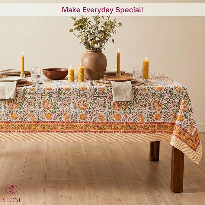 ATOSII Clover Yellow 100% Cotton Rectangle Fall Tablecloth, Handblock Floral Print Linen Table Cloth for Kitchen Dining I Parties, Weddings, Outdoors, Christmas, Thanksgiving Decor 60 X 90 Inches