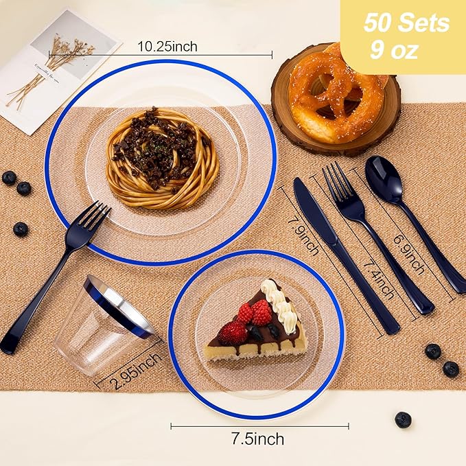 Beststar 350PCS Blue and Clear Plastic Dinnerware Sets for 50 Guests, Include 100 Blue Disposable Plates, 100 Forks, 50 Knives, 50 Spoons, 50 Cups,christmas party supplies