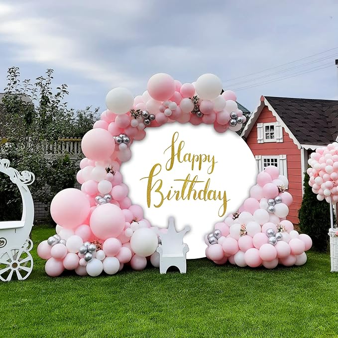 Happy Birthday Round Backdrop Cover 7.5ft,White Circle Background Stand Cover with 4Clips,7.5 Round Backdrop Gold Happy Birthday Banner for Photography Kids Baby Party Decorations