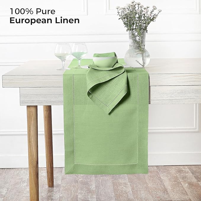 D'Moksha Homes Linen Sage Green Table Runner 120 Inches Long - 100% Pure Linen Hemstitch 14 x 120 Inch Table Runner for Dining, Spring, St Patricks Day, Easter - Classic Hemstitch