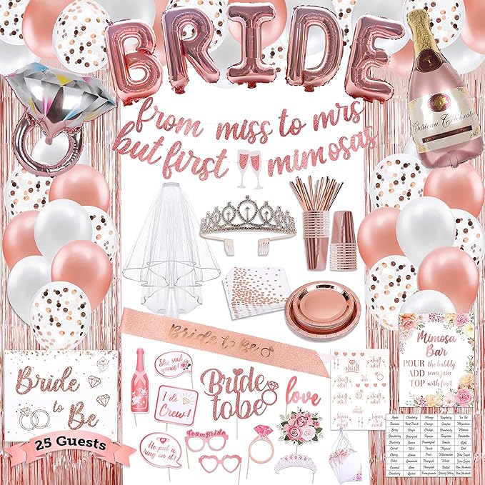 Bachelorette Party Decorations Kit, Rose Gold Bridal Shower, Bride Balloons, Banner, Sash, Tiara & Veil, Fringe Curtain, Mimosa Bar, Plates Cups Napkins for 25 Guests