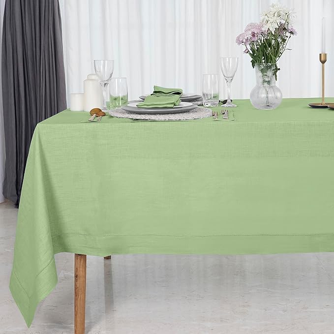 D'Moksha Homes Sage Green Linen Tablecloth 60 x 156 Inch - 100% Pure Linen Green Tablecloth for Rectangle Tables - Classic Hemstitch, Machine Washable Table Cloth for Spring, St Patricks Day, Easter