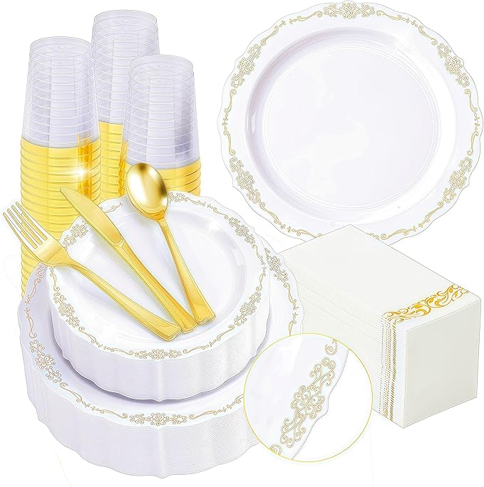 350 PCS White and Gold Disposable Plates, Elegant Dinnerware Set for 50 Guests, 100 Plastic Plates, 150 Silverware, 50 Cups & 50 Paper Napkins, White and Gold