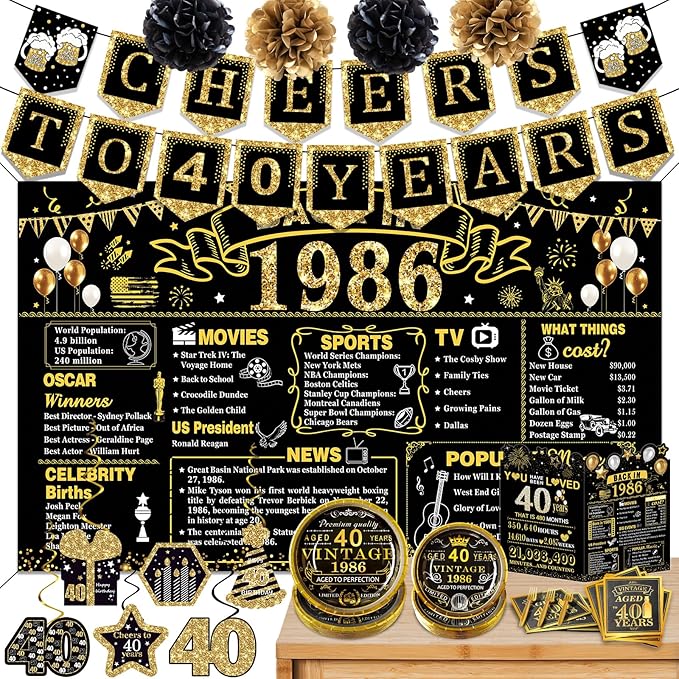 40th Birthday Decorations for Men Women, 106 PCS Back in 1986 Decorations, Vintage 40th Birthday Party Tableware Set for men,Backdrops,Card, Banner, Paper Poms,Hanging Swirl, Tableware for 24 Guests