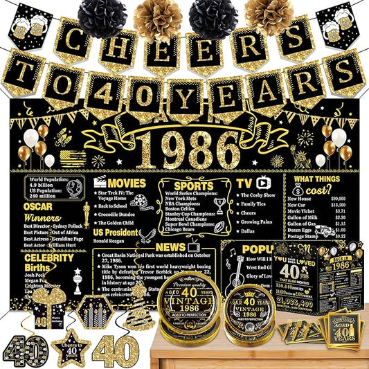 40th Birthday Decorations for Men Women, 106 PCS Back in 1986 Decorations, Vintage 40th Birthday Party Tableware Set for men,Backdrops,Card, Banner, Paper Poms,Hanging Swirl, Tableware for 24 Guests