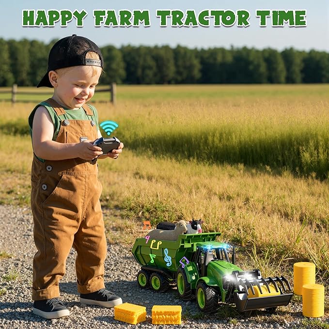 Funwee RC Farm Tractor Toy w/Light & Music, Kid Truck Toy w/Front Loader & Farm Animal, 2.4GHz RC Tractor Trailer Car Vehicle Toy for Boy Girl Age 3 4 5 6 7+ Year Old Christmas Birthday Gift (Green)