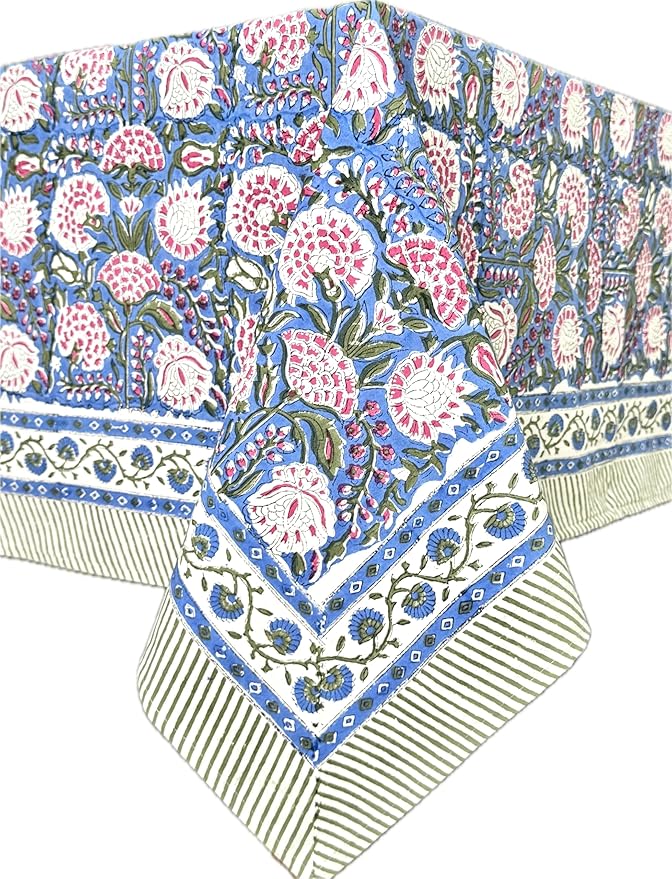 ATOSII Clover Pink 100% Cotton Square Boho Fall Tablecloth, Handblock Floral Table Cloth Linen for Kitchen Dining I Parties Wedding Outdoors Picnic Easter I Home Decor 60 X 60 Inches I 4 Seater