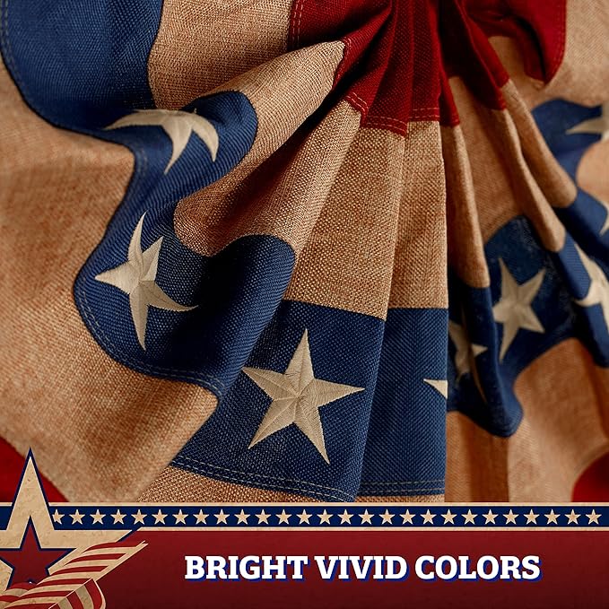 G128-10 Pack: USA Tea Stained Pleated Fan Flag 1.5x3FT Burlap Embroidered Polyester Stars and Stripes