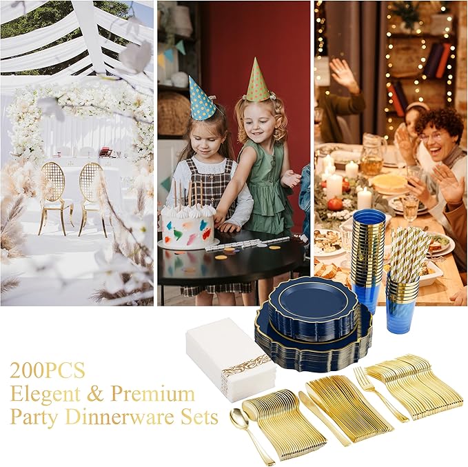 200 PCS Premium Blue Plastic Plates for 25 Guests, Heavy Duty Blue and Gold Disposable Plate, include 25 Plastic Dinner/Dessert Plates, 75 Silverware Set, 25 Cups, Straws for Party Christmas