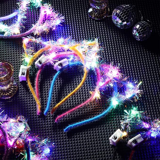 WILLBOND 40 Pcs LED Golden Silk Cat Ears Headband Halloween Cute Light up Headband Glow Cow Horn LED Hair Hoop for Women Girls Adult Birthday Festival Concert Party Hair Accessories