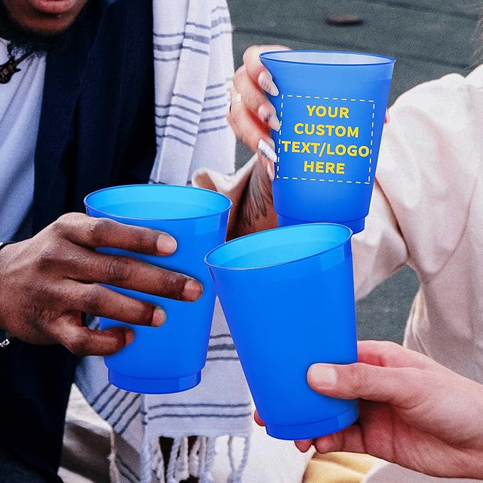 DISCOUNT PROMOS Custom Frosted Plastic Stadium Cups, 10 pack, Promotional Text, Logo, 16 oz. Shatterproof Flexible Reusable Party Cups, Blue
