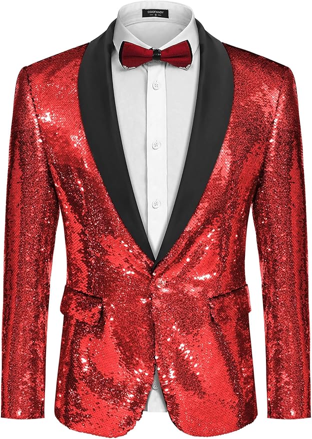 COOFANDY Mens Shiny Sequin Blazer Tuxedo Party Dinner Prom One Button Suit Jacket