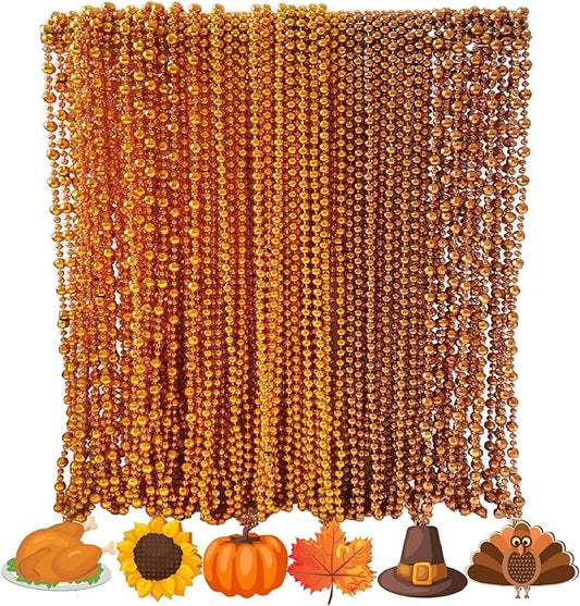 100 Pcs Thanksgiving Beads Necklaces, Orange Brown Bead Necklaces With Maple Leaf Pumpkin Turkey Pendants For Thanksgiving Patry Favors, Fall Decoration