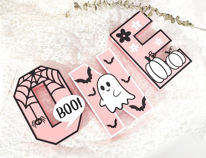 Halloween Wooden ONE Sign - Pink Halloween Boo Wooden Centerpiece Table Decoration, Halloween Decorations Indoor ONE Letter, Baby Girl Birthday Supplies.