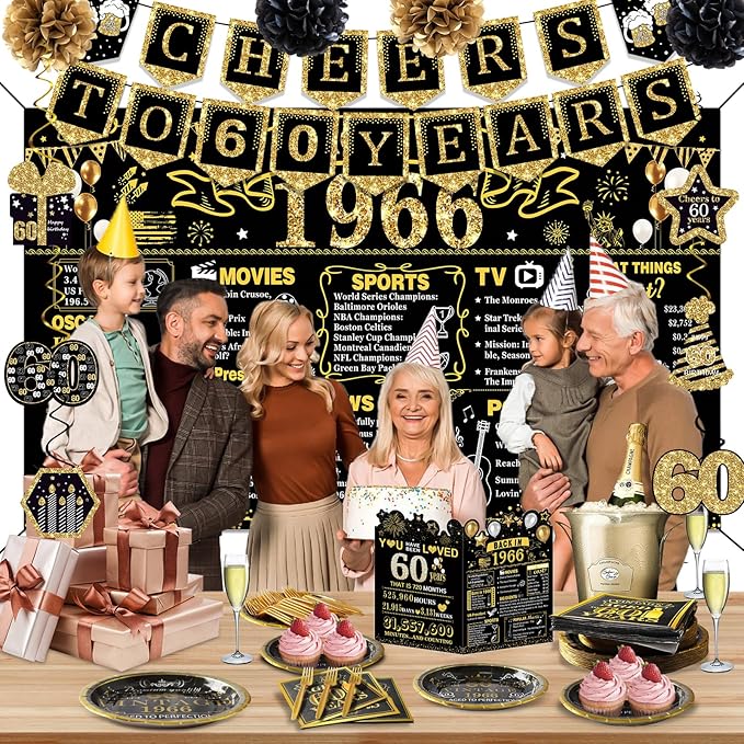 60th Birthday Decorations for Men Women, 103 PCS Back in 1966 Decorations, Vintage 60th Birthday Party Tableware Set for men,Backdrops,Banner, Hanging Swirl,Card, Paper Poms,Tableware for 24 Guests