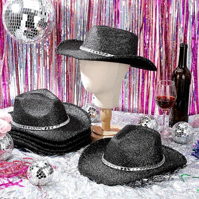 Hercicy 6 Pack Western Cowboy Hats with Rhinestone Tassel Bands Sequin Trim Sparkly Cowgirl Party Hats for Adults Women Men