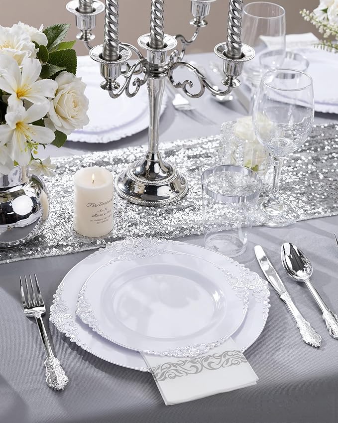 Nervure 175PCS Silver Plastic Plates - White and Silver Disposable Plates for 25 Guests Include 50Plates, 25Cups, 25Forks, 25Knives, 25Spoons, 25Napkins for Wedding & Party