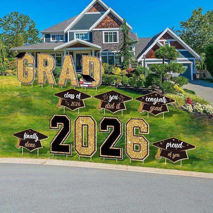 Aneco Waterproof 2026 Grad Yard Signs Plastic Graduation Yard Signs Party Outdoor Lawn Decorations 16 Inches Glitter Congrats Grad with Stakes for Outdoor, Lawn Party Decor (Black and Gold)