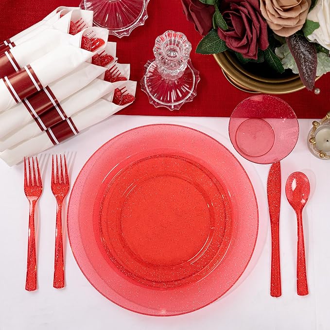 DaYammi 350 Pieces Red Glitter Dinnerware Set 50 Guest for Party- 50 Dinner Plates, 50 Dessert Plates -50 Per Rolled Napkins with Red Cutlery - 50 Disposable Cups 9 OZ