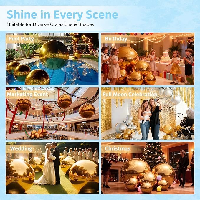 Inflatable Mirror Ball Shiny Balls Large Hanging & Standing PVC Disco Bubble Balloon For Christmas, Birthday, Party, Wedding, Decoration, Other Events (Gold, 1 Pcs 47.2in Without Pump)