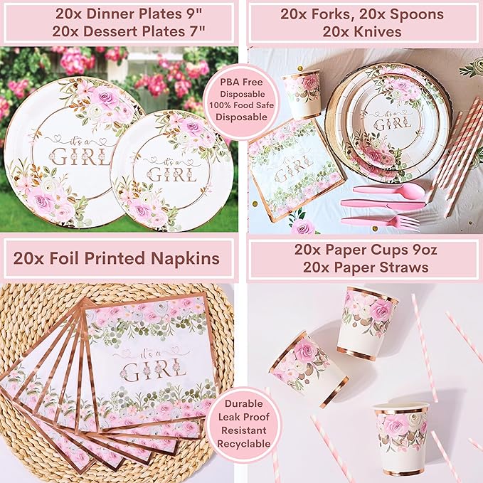 MEGA 254 Pc Floral Baby Shower Decorations For Girl | Pink Balloons Garland Kit, BABY boxes, It's A Girl Backdrop, Banners, Cake Toppers, Tablecloth, Plates, Napkins, Straws, Cups, Utensils 20 Guests