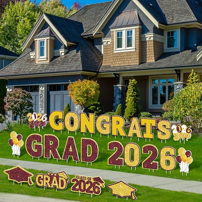 ANVAVO 2026 Congrats Grad Yard Signs Graduation Waterproof Decorations Graduation Yard Sign Decorations Grad Party Outdoor Lawn Decor with Stakes, Maroon and Gold