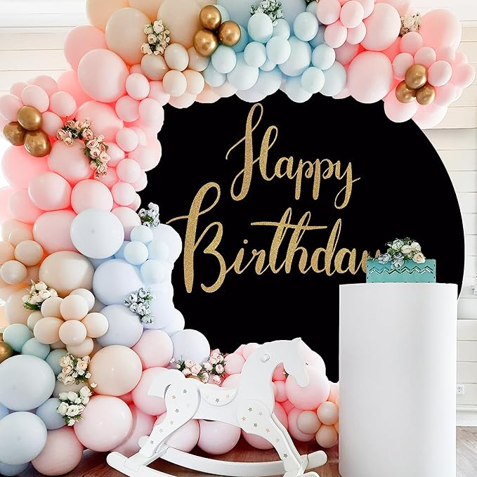 Gold Happy Birthday Sign Round Backdrop Cover 7.5ft,Black Round Backdrop Cover 7.5FT Happy Birthday Party Decoration Supplies for Photography Background Studio Props Adult Kids Baby