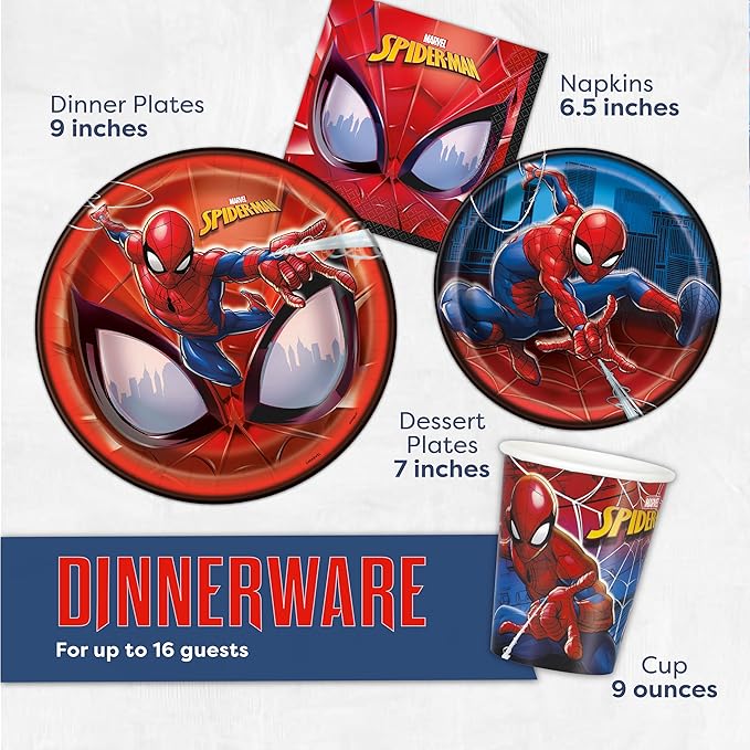 Spiderman Birthday Decorations | Spiderman Party Decorations | Serves 16 Guests | Balloons, Banner, Table Cover, Plates, Cups, Napkins, Masks, Button | Officially Licensed