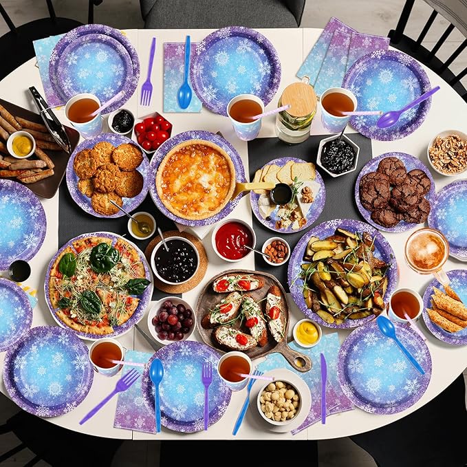 Winter Snowflake Paper Plates and Napkins Set, Blue and Purple Snowflake Winter Wonderland Disposable Tableware for Christmas Winter Holiday New Year Birthday Party Supplies Decorations, Serve 50
