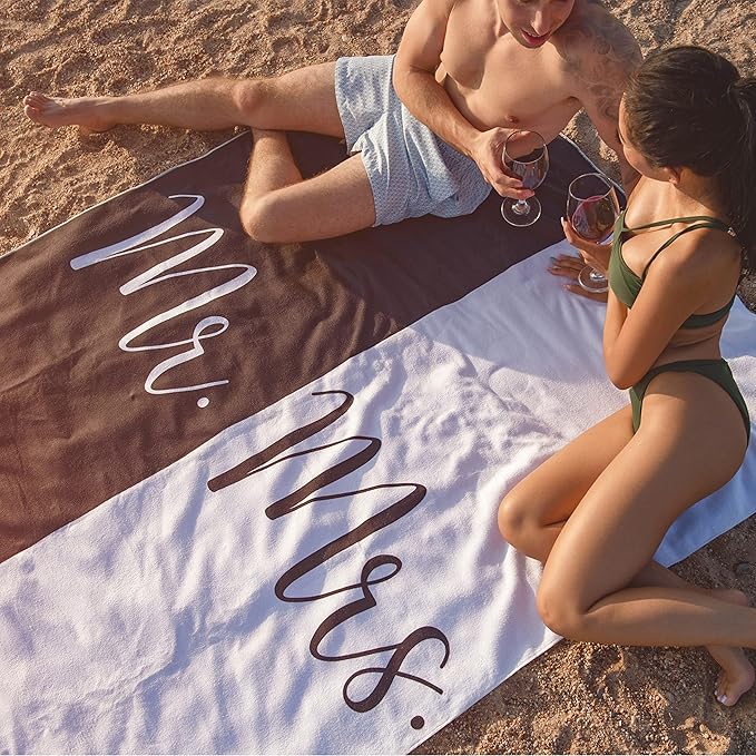 Mr and Mrs Beach Towel - Honeymoon Just Married Towel For Beach - Wedding Gift for Newlywed Couple - Shareable Bride and Groom Towel Set - Thin Travel Friendly His and Her Beach Towel - 78"x59"
